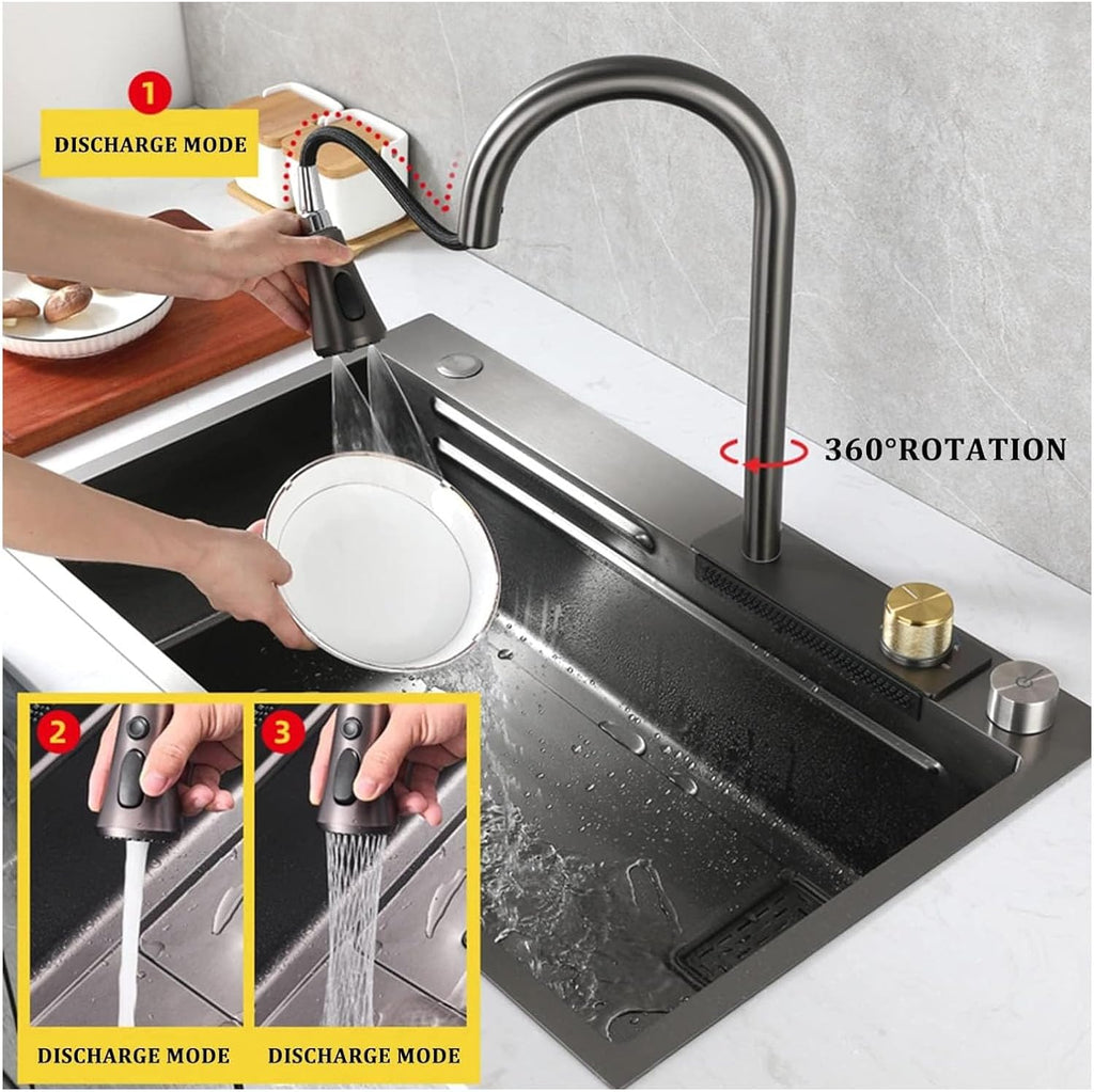 Single Bowl Bar Sink 304 Stainless Steel Kitchen Sink with Faucet and Drain Assembly Drop in Or Under Mount for Kitchen Courtyard Office Bar Laundry Trough (Color : Grey, Size : 75x45x22cm) (