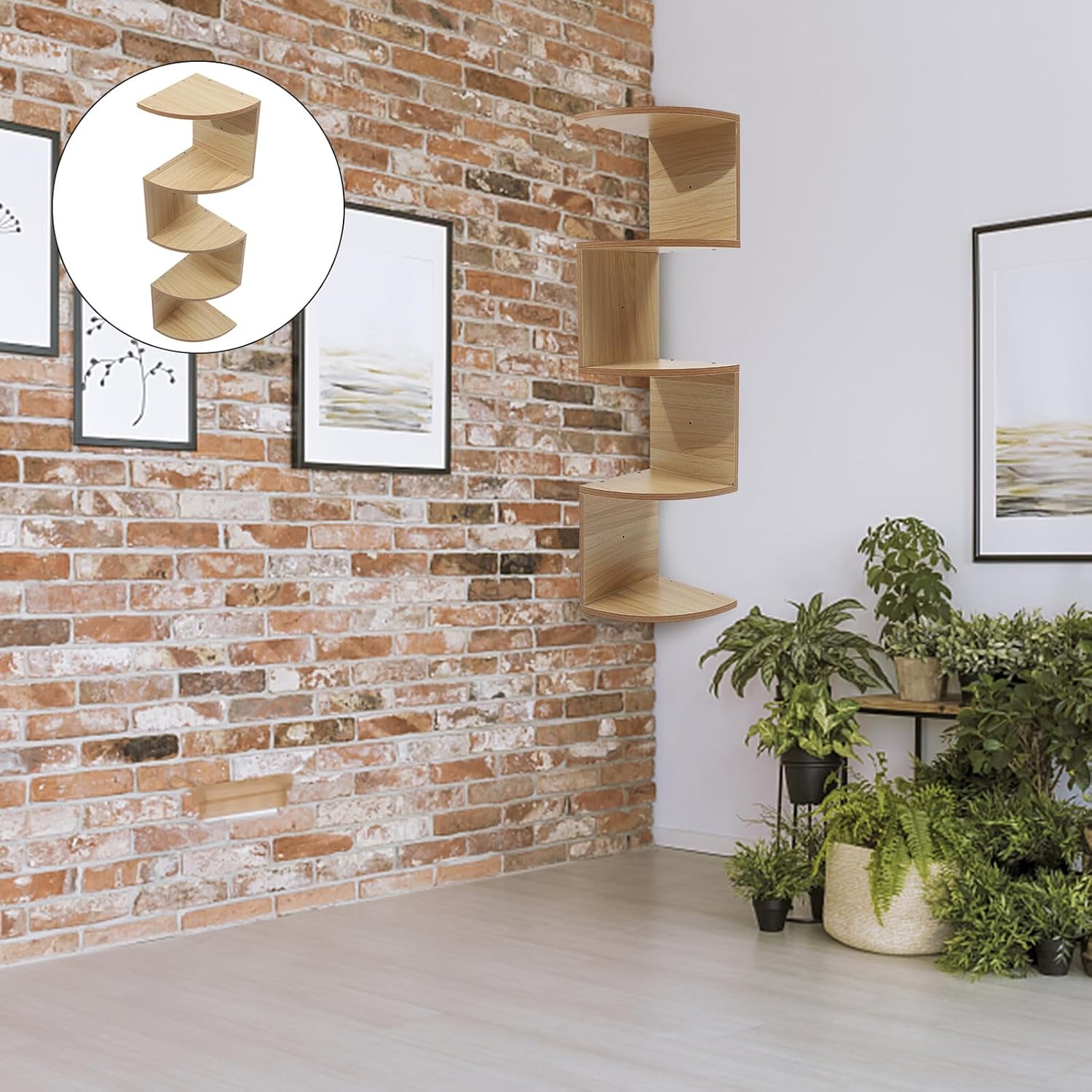 Wooden Wall-Mounted 5-Layer Corner Shelf, Decorative Floating Storage Rack for Home Decor, Light Walnut Wooden Bookshelf for Living Room and Apartment Organization