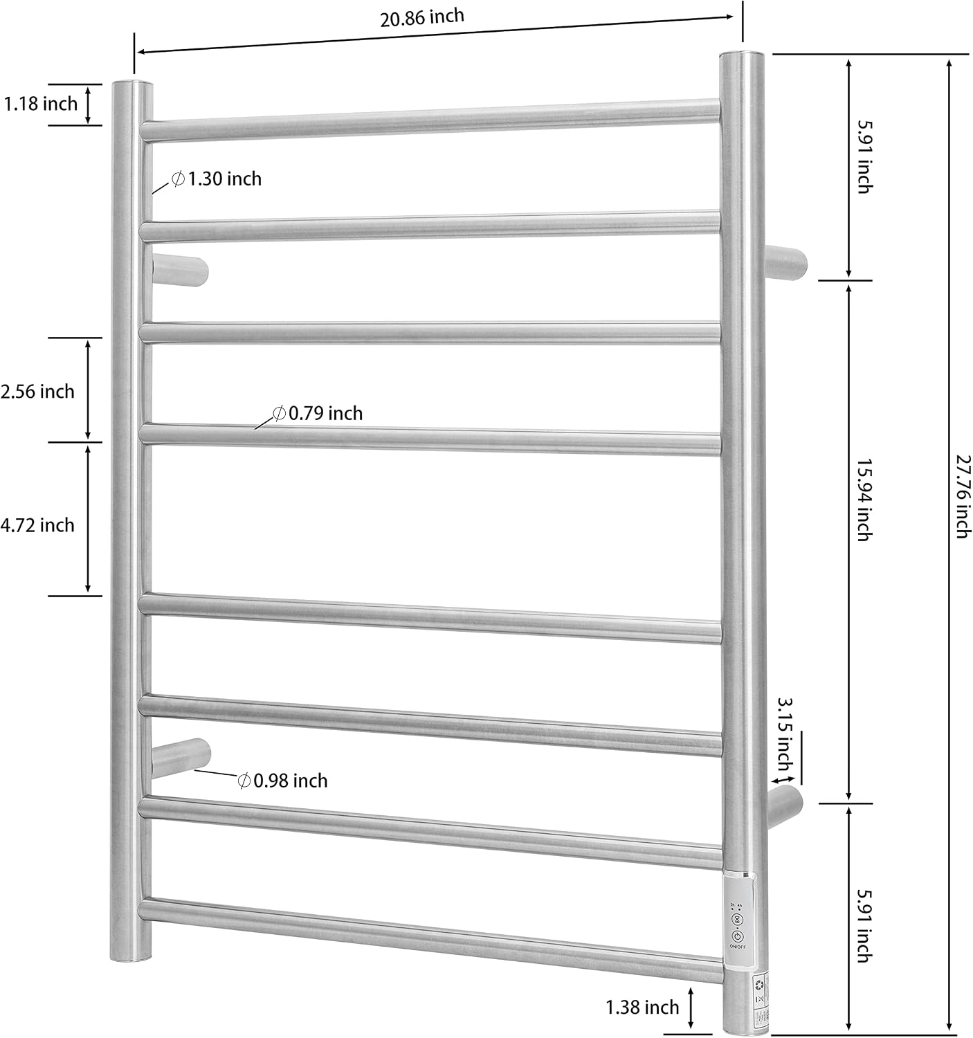 KEG Towel Warmer Wall Mounted with Built-in Timer 8 Bars Electric Stainless Steel Heated Towel Racks for Bathroom, Hot Plug-in Bath Towel Heater Brushed Nickel (TW-8-BN)