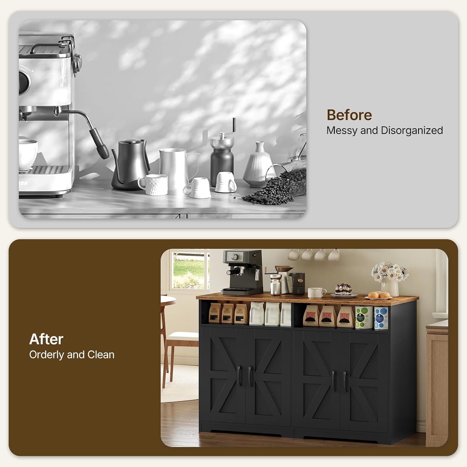 YATINEY Coffee Bar Cabinet, Kitchen Island with Storage, Farmhouse Sideboard Buffet Cabinet with Dual-Purpose Floating Shelf and Hooks, for Restaurant, Living Room, Rustic Brown KF32BR