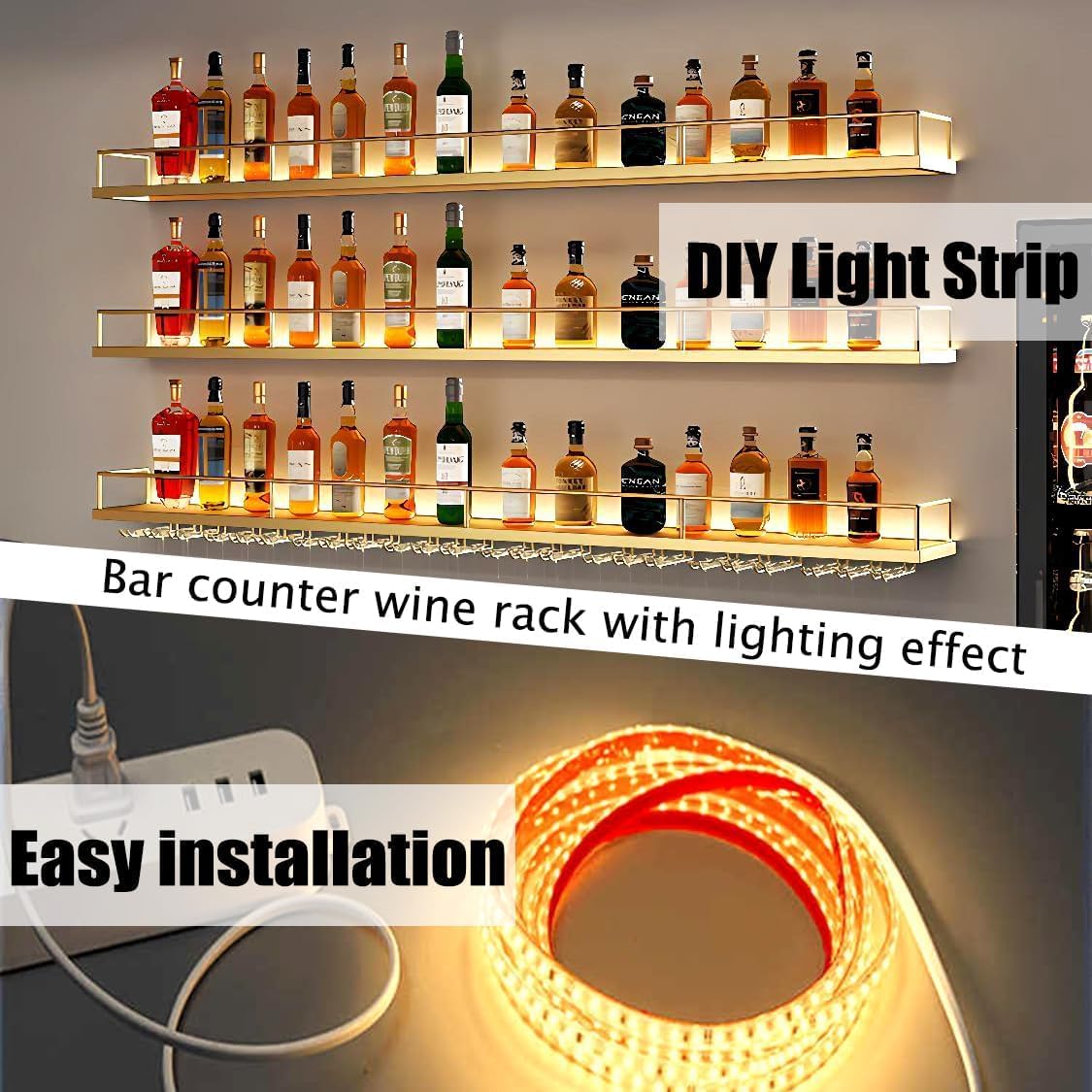 Metal Wall Mounted Wine Rack with LED Light, 3 Tiers Liquor Bottles Floating Shelves with Glass Holder, Wine Shelf Industrial Bar Shelves for Home Bar Dining(Gold, 100cm/39.3in)