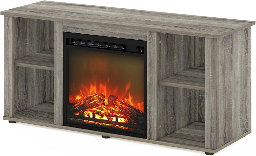 Furinno Jensen Fireplace Entertainment Center TV Stand with Open Storage for TV up to 55 Inch, French Oak Grey