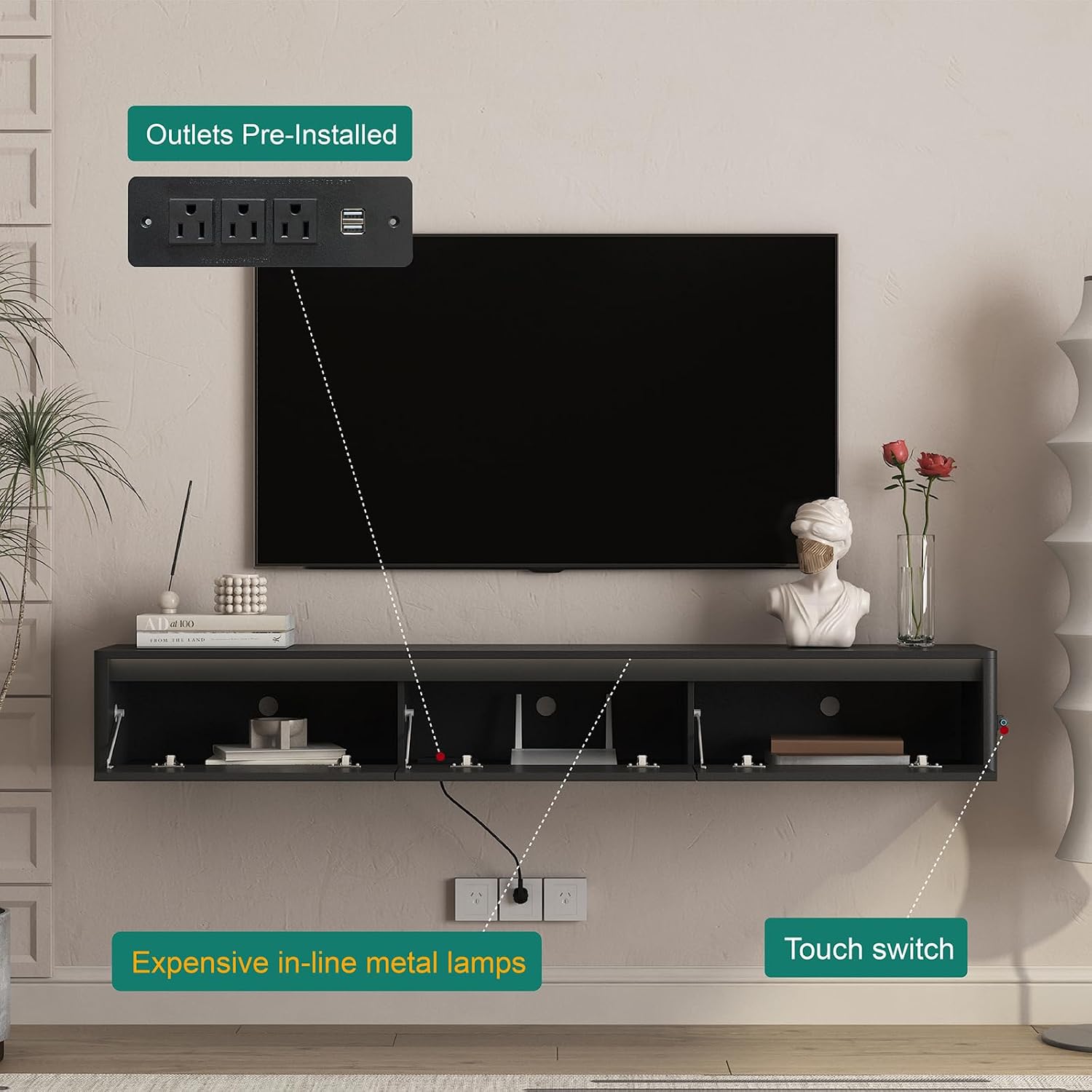 Floating TV Stand, Wall Mounted TV Shelf with LED Lights & Power Outlet, 69' Modern Entertainment Center Media Console with Storage, High Gloss TV Cabinet for Living Room（Black）