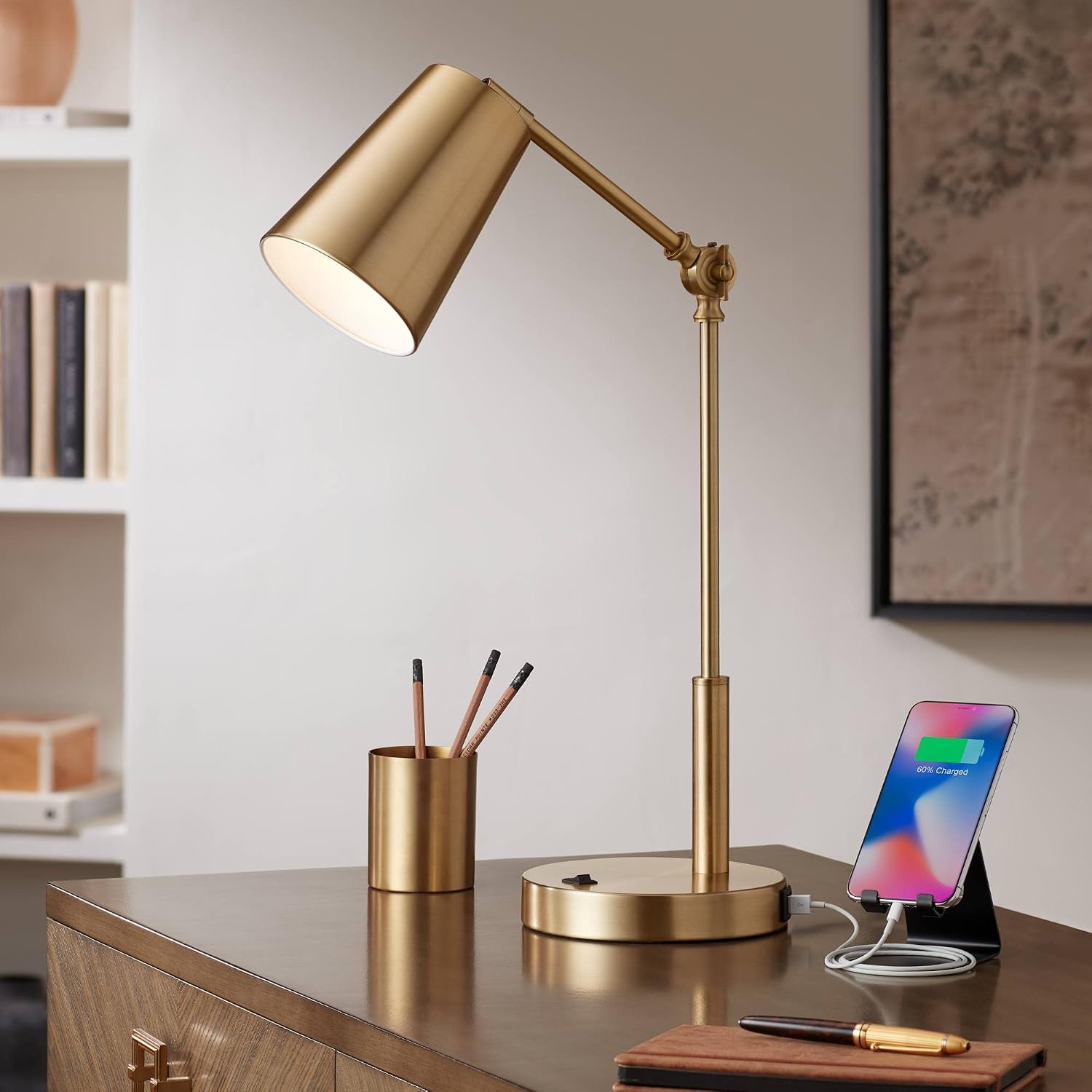 360 Lighting Sully Mid Century Modern Industrial Desk Table Lamp with USB and AC Power Outlet 23.5' High Antique Brass for Living Room Bedroom House Bedside Nightstand Home Office Reading
