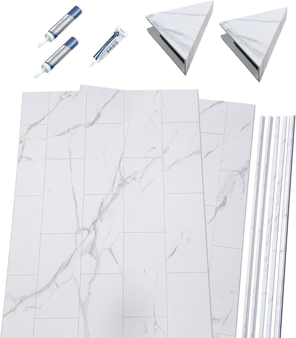 Palisade Vinyl Corner Shower Surround Kit 78in x 36in x 36in, Urban Glacier | Waterproof PVC wall panels, grout-free design, bathroom renovation, coordinating trim, shelves, adhesive and sealant included