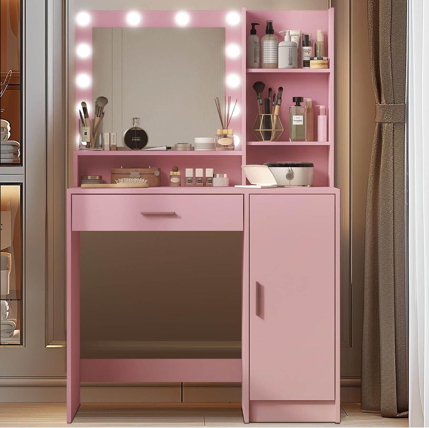 Palimder Vanity Desk with Mirror and Light, Large Drawer and Three Level Storage Dresser, 3 Lighting Modes Adjustable Brightness, Bedroom Dressing Table (Pink)