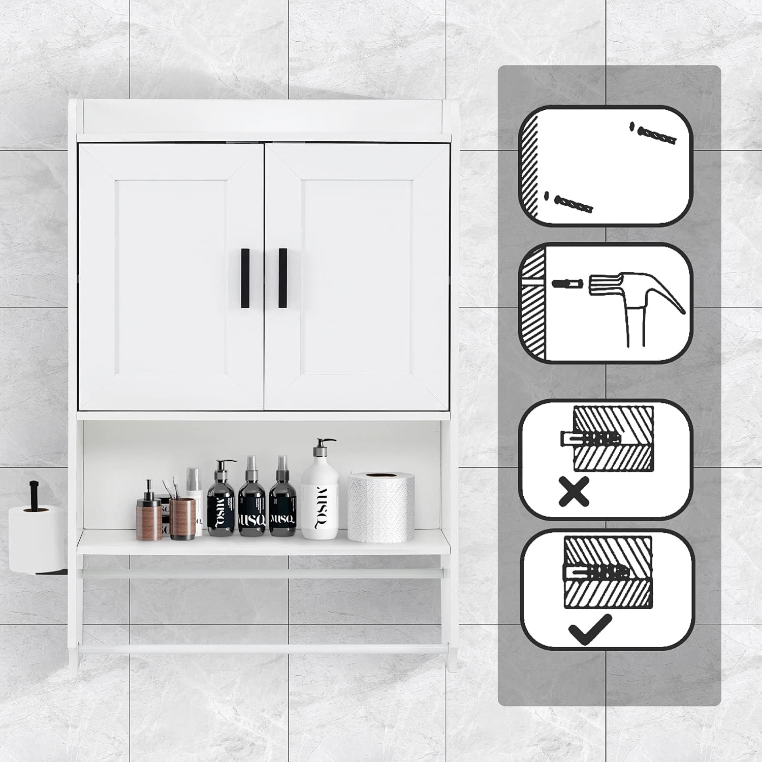 apexnova Bathroom Wall Cabinet, Wooden Medicine Cabinet Over The Toilet with Adjustable Inner Shelf, Wall Mounted Cabinet with Doors for Bathroom Storage, Hanging Cabinet for Wall with Towels Bar