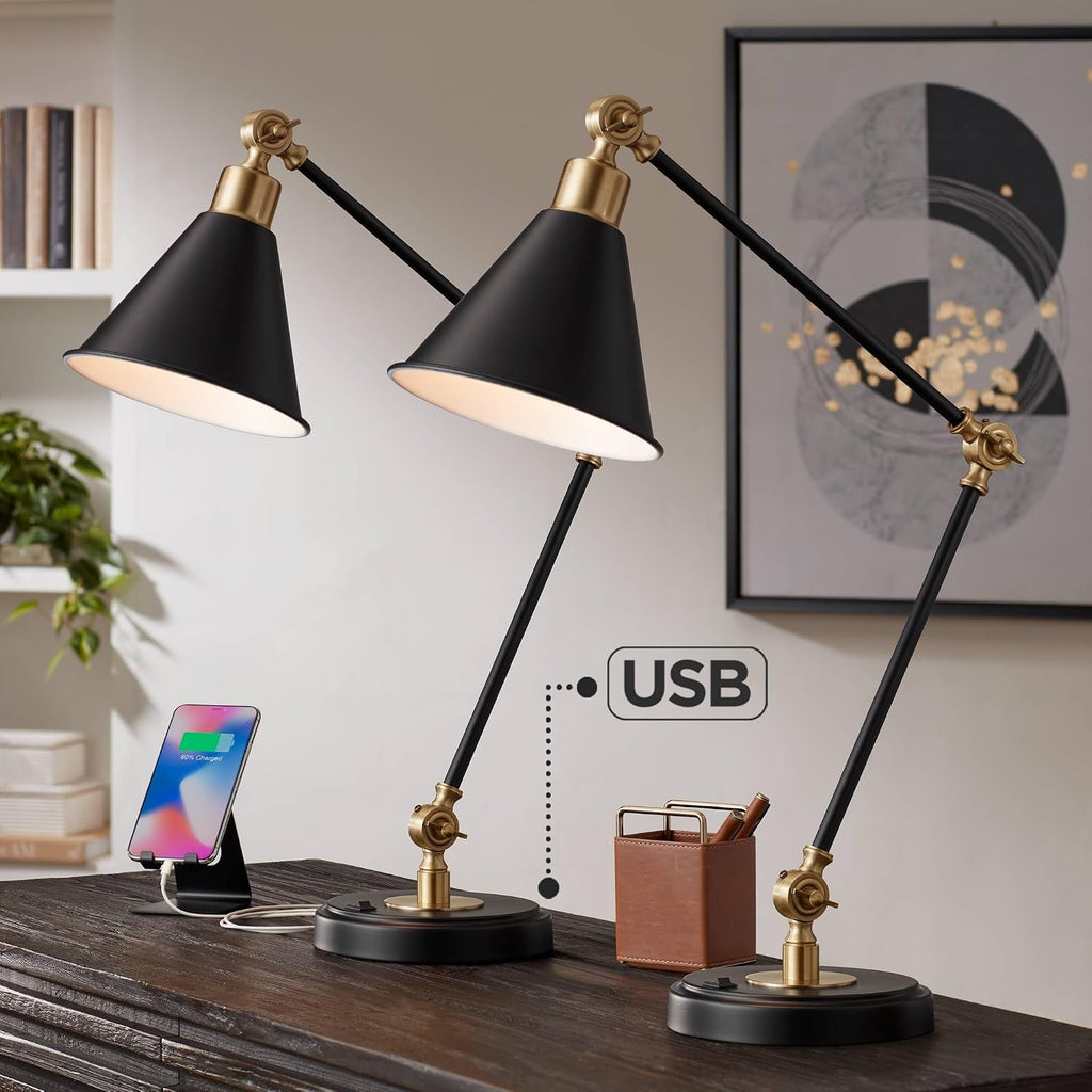 360 Lighting Wray 26 3/4' Tall Industrial Modern Desk Lamps Set of 2 USB Port Adjustable Black Brass Finish Metal Shade Home Office Living Room Charging Bedroom Bedside Nightstand House Reading