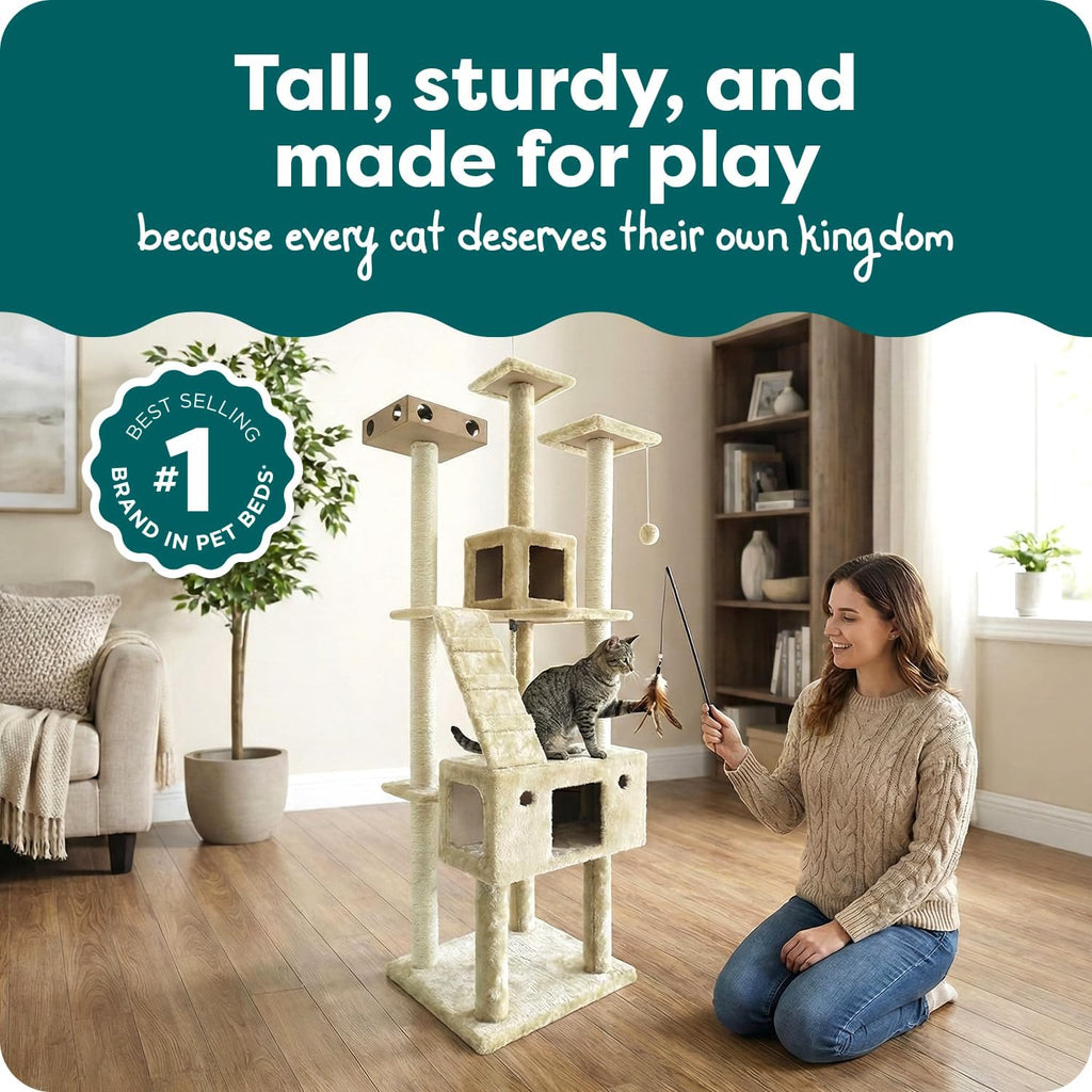 FurHaven 69.3' Tall Cat Scratching Post Tower for Indoor Cats, Sisal Cat Tree with 2 Condos, Tiger Tough Double Decker Playground, Toys & Perches for Cats, Sisal, Cream