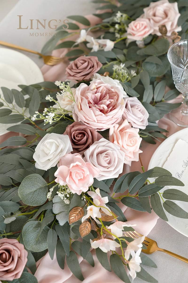 Ling's Moment Pink Fabric Round Table Decor Set with Garland, Table Cloth & Table Runner
