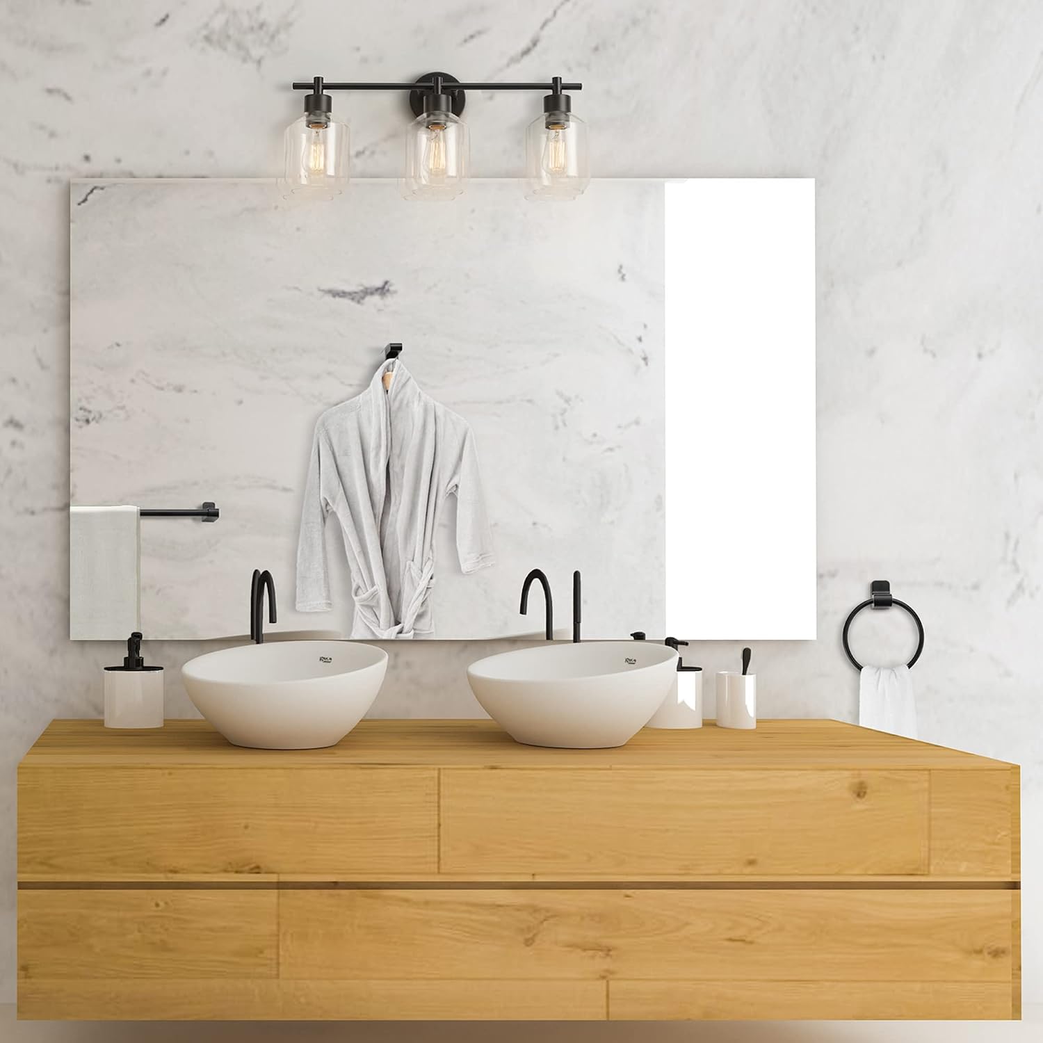 Globe Electric 65556 All-in-One 5-Piece Bathroom Set, Matte Black Finish, 3-Light Vanity with Clear Glass Shades, Towel Ring, Toilet Paper Holder, Robe Hook, and Towel Bar, Modern Bathroom Lighting