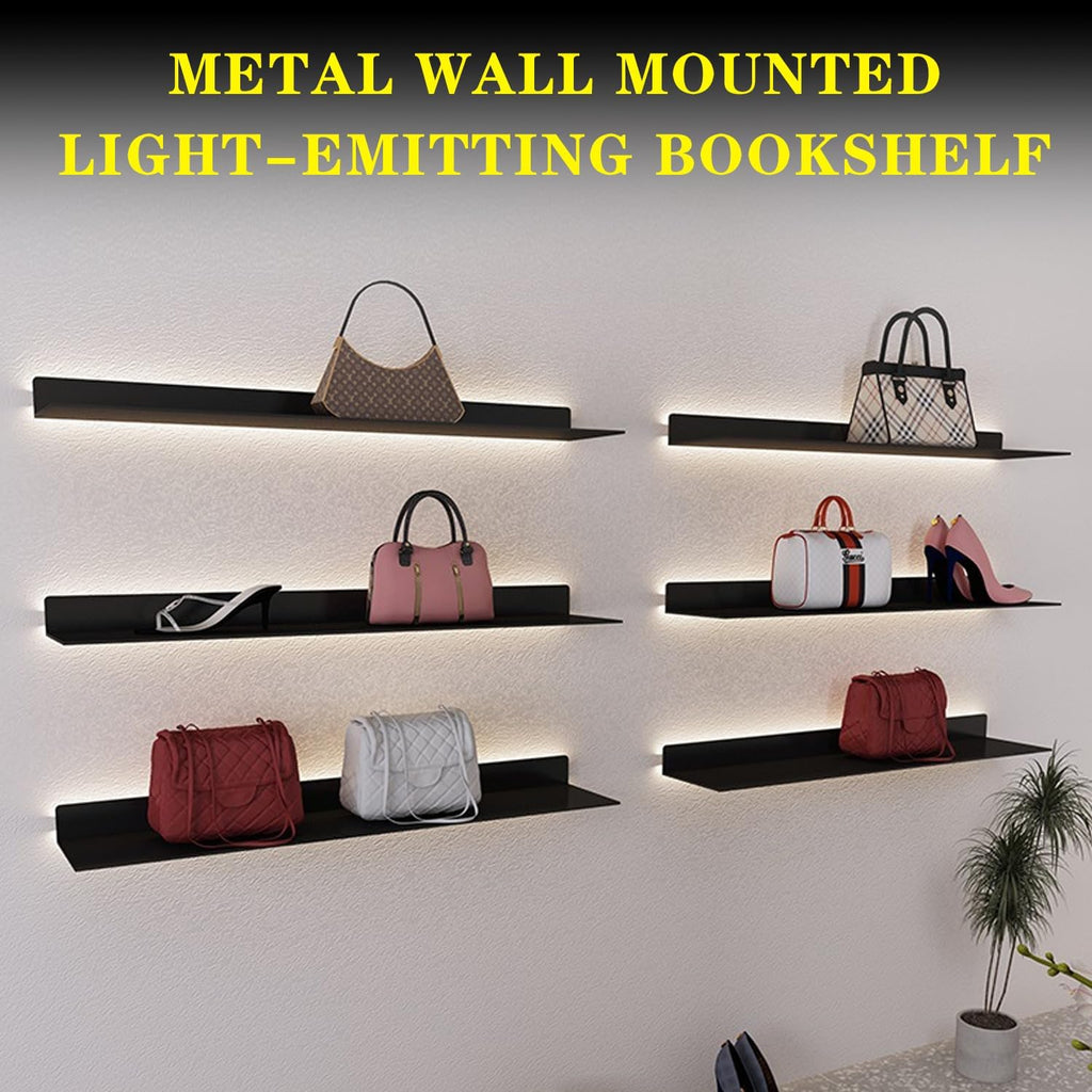Corner Ledge Wall Shelf,Versatile Black Floating Wall Shelves with LED Lights, 2PCS, Metal Wall Mounted Large Bookshelf, Wall Storage Shelf for Home Decor, Hanging Lighted Display for Bar Ba
