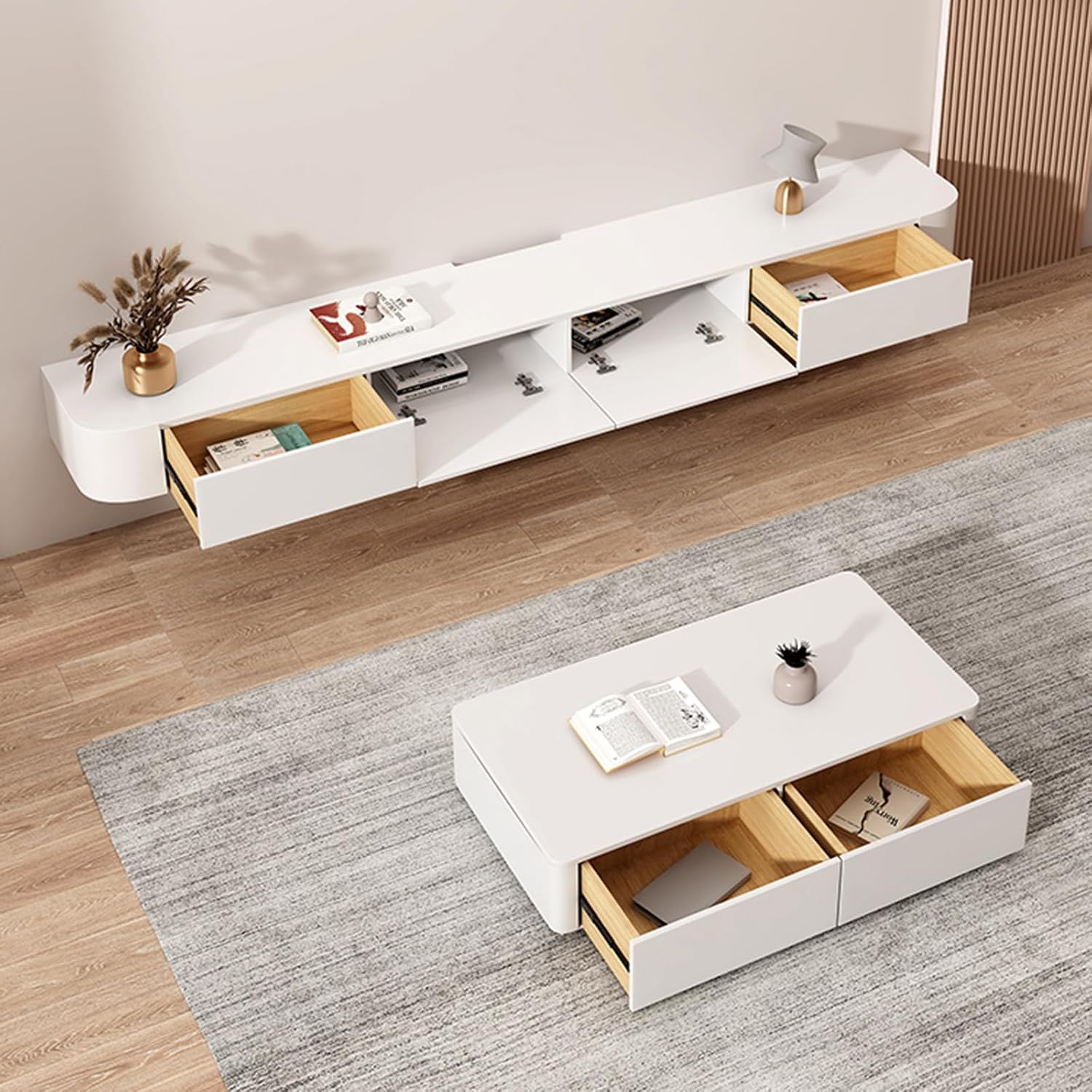 Floating TV Stand - Wall Mounted Media Console with 2 Drawer, Floating Entertainment Center TV Cabinet, Wall Mounted Audio/Video Shelf for Home Room (White, 94.49x7.87x9.45IN)