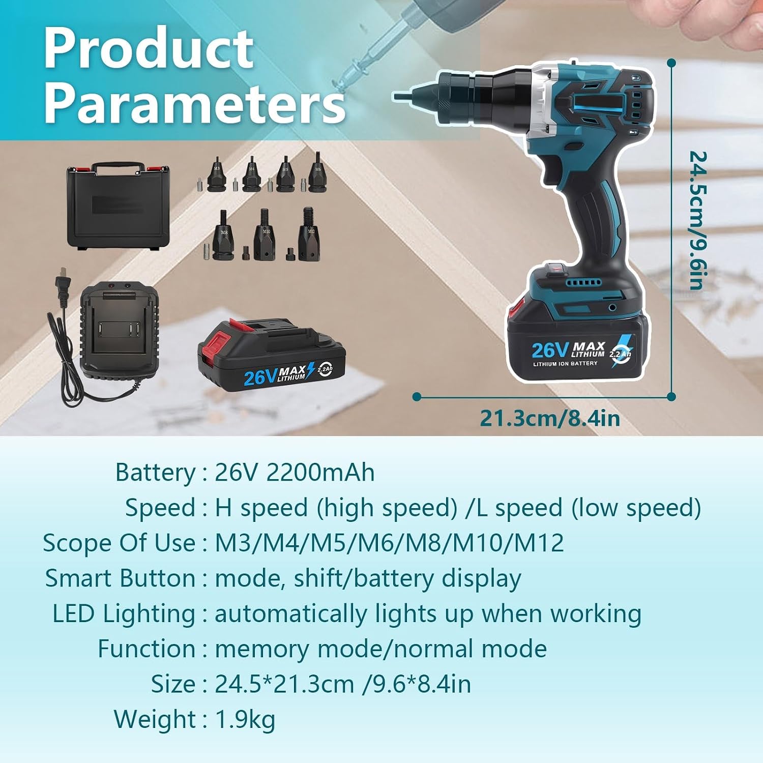 Brushless Cordless Brushless Rivet Nut Tool Kit, Automatic Riveting Rivet Gun with 6600mah Battery, Insert Installation Tool for M3–m12 Rivet Nuts(2.2Ah)