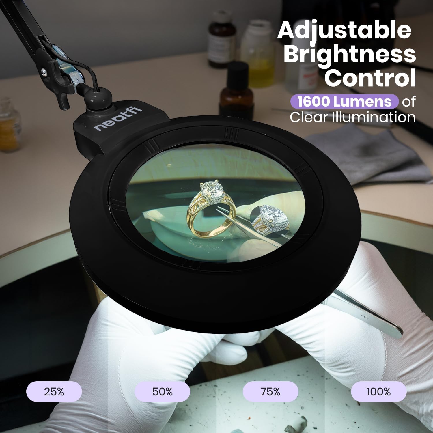 Neatfi XL LED Magnifying Lamp, Hands-Free, Dimmable, Crafts, Reading, Close Work (Black, Non-CCT with Base)