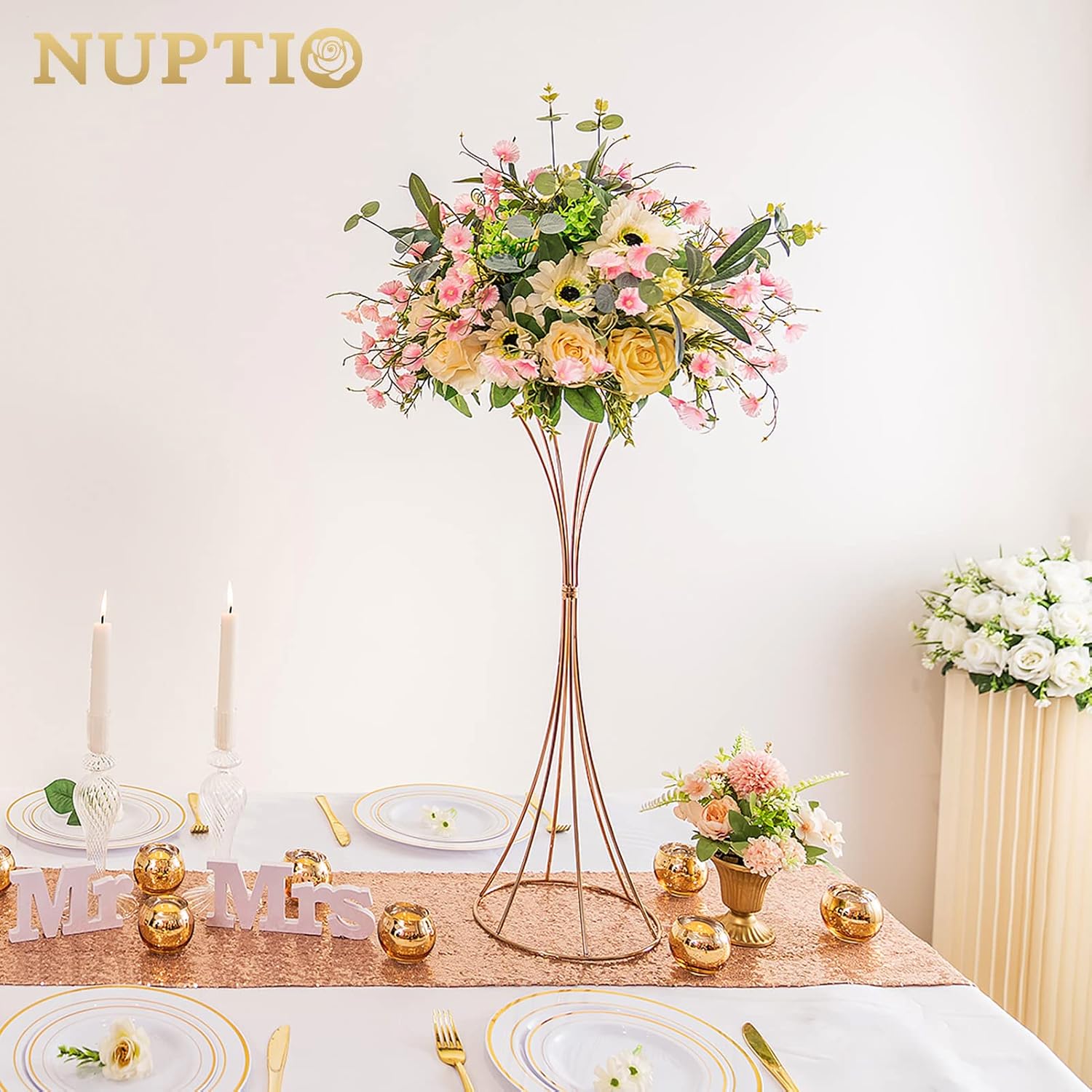 NUPTIO 10 Pcs Gold Trumpet Vase 26in Tall Metal Vase, Wedding Centerpieces for Tables, Artificial Arrangement Flower Stand for Anniversary Party Birthday Event Aisle Home Reception Decor