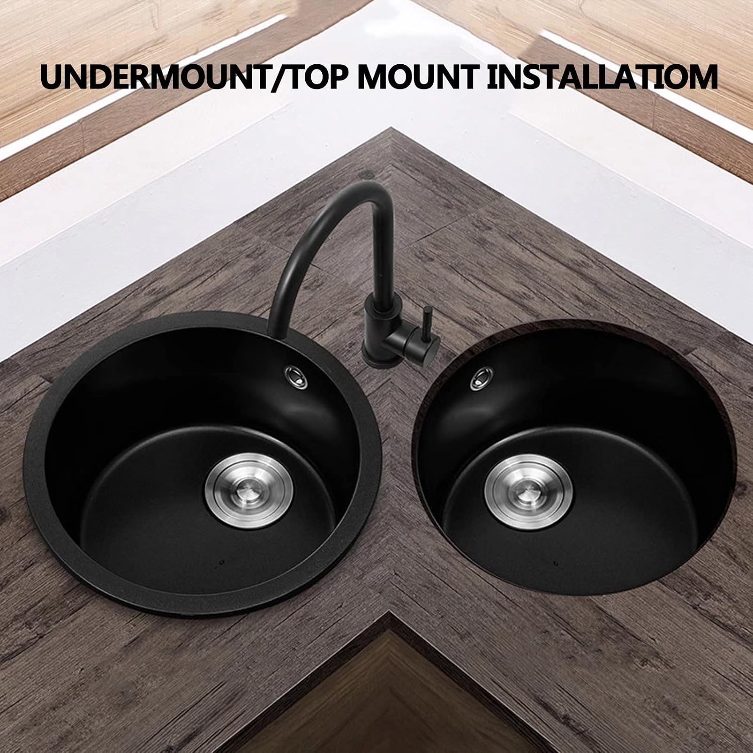 Bar Prep Sink with Accessories, Black Quartz Kitchen Sink Drop in, Small Bar Sink Drop in with Faucet, Dent-Resistant Bar Sink Round Undermount Round Sink Bowls for Bar, Bathroom, Balcony
