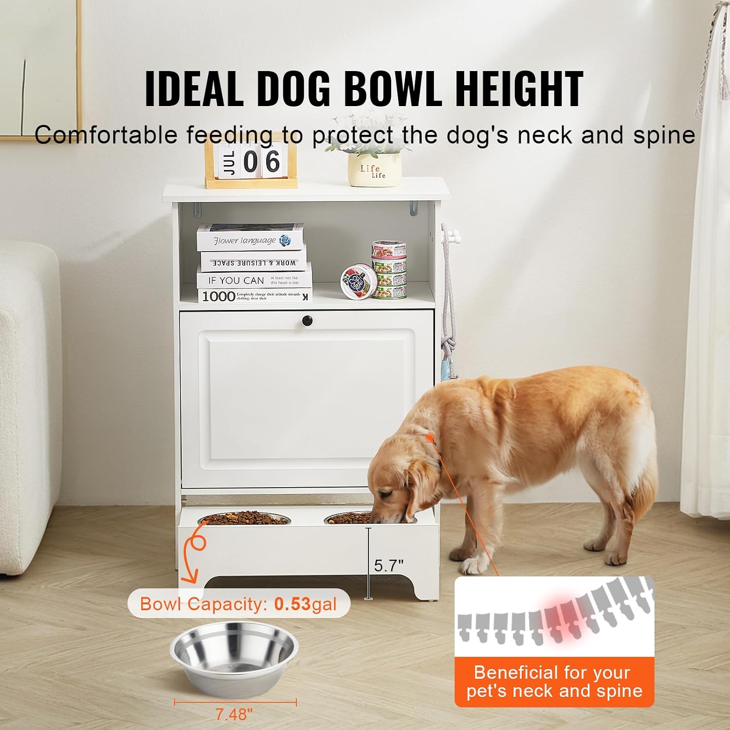 Happybuy Pet Feeding Station with 2 Stainless Steel Bowls, Elevated for Small Dogs, with Storage Cabinet and Toy Organizer