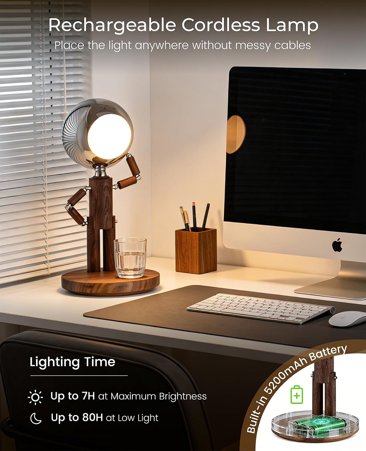 Cordless Table Lamp, Rechargeable Wooden Desk Lamp with Touch Control & Stepless Dimming, 3 Color Temperatures, Bedside Lamp for Bedroom Nightstand Office, Home Decor, Unique Gifts, Black Walnut