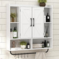 RUSTOWN Rustic Wood Wall Bathroom Cabinet, Farmhouse Medicine Cabinet Wall Mounted, Space Saving Wall Storage Cabinet with 2 Barn Door, 3-Tier Adjustable Shelves and Towel Bar (White)