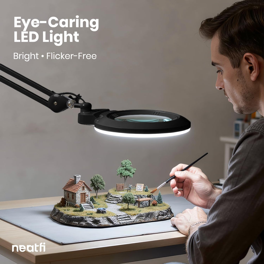 Neatfi XL Bifocal LED Magnifying Lamp, 7' Acrylic Lens, 2.25X/6X Magnification, 1,600 Lumens Dimmable | Hands-Free Close Work | Crafting, Jewelry & Reading (Black, 7-inch Lens, Non-CCT with Clamp)