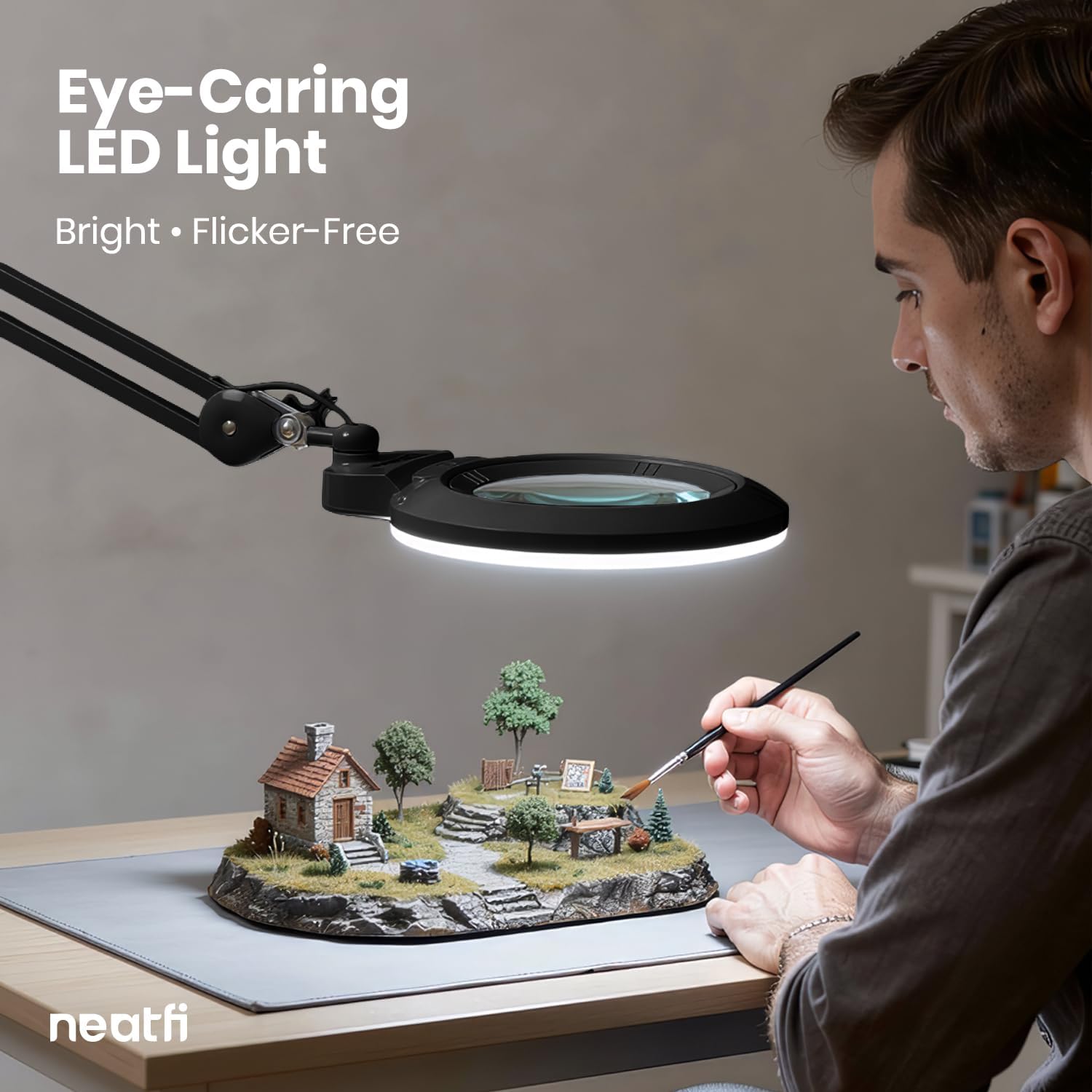 Neatfi XL Bifocal LED Magnifying Lamp, 7' Acrylic Lens, 2.25X/6X Magnification, 1,600 Lumens Dimmable | Hands-Free Close Work | Crafting, Jewelry & Reading (Black, 7-inch Lens, Non-CCT with Clamp)