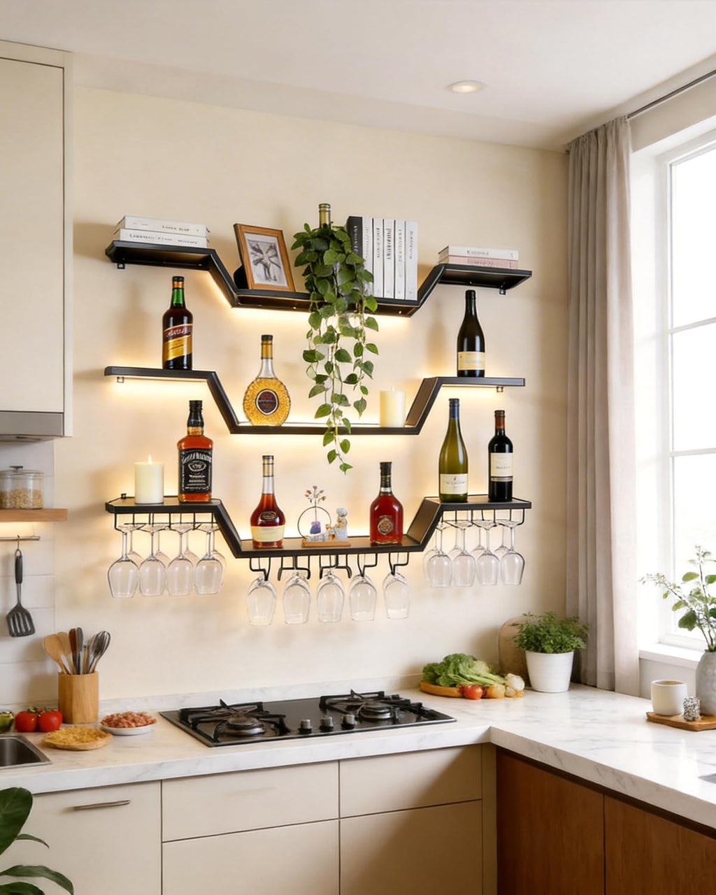 47.2 in Wall Mounted Wine Rack with Glass Holder,3-Tier | LED Light Floating Bar Shelves ,Wave Design, DIY Combinable, Heavy-Duty Metal Display for Home Bar, Cafe Decor
