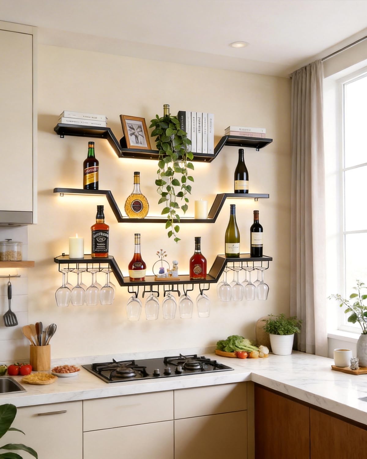 47.2 in Wall Mounted Wine Rack with Glass Holder,3-Tier | LED Light Floating Bar Shelves ,Wave Design, DIY Combinable, Heavy-Duty Metal Display for Home Bar, Cafe Decor
