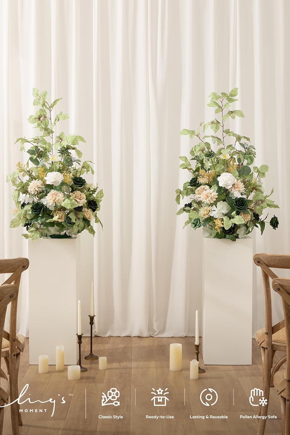 Ling's moment 41' Tall Free Standing Artificial Flowers Arrangements 2 pcs Wedding Arch Altar Stage Decorations Emerald & Tawny Beige Ceremony Reception Rose Fake Floral Party Centerpieces Decor