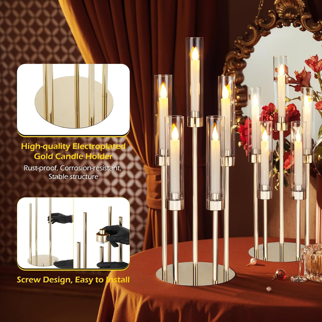 Dyna-Living Gold Candelabra Centerpiece 4 Set 26.8'' Tall Candle Holder Centerpiece for Tables, 5 Arms Candlestick Holders with Acrylic Lampshade, Gold Candelabra Floor Stands for Wedding Party Home