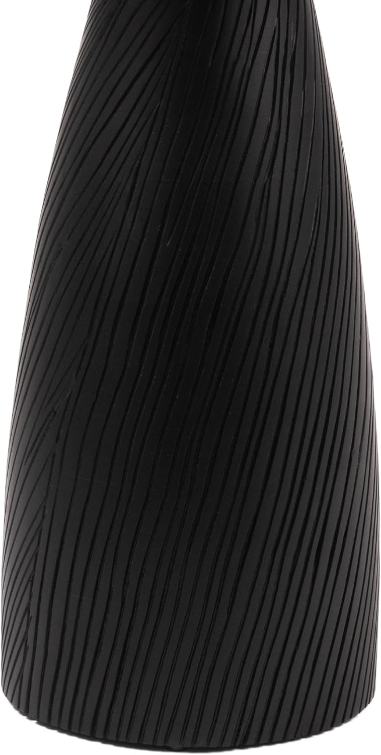Modern Black & Walnut Wood Accent Table – Handcrafted Drum Pedestal Side Table for Living Room, Bedroom, or Office – Sleek Round Top with Textured Carved Base Black
