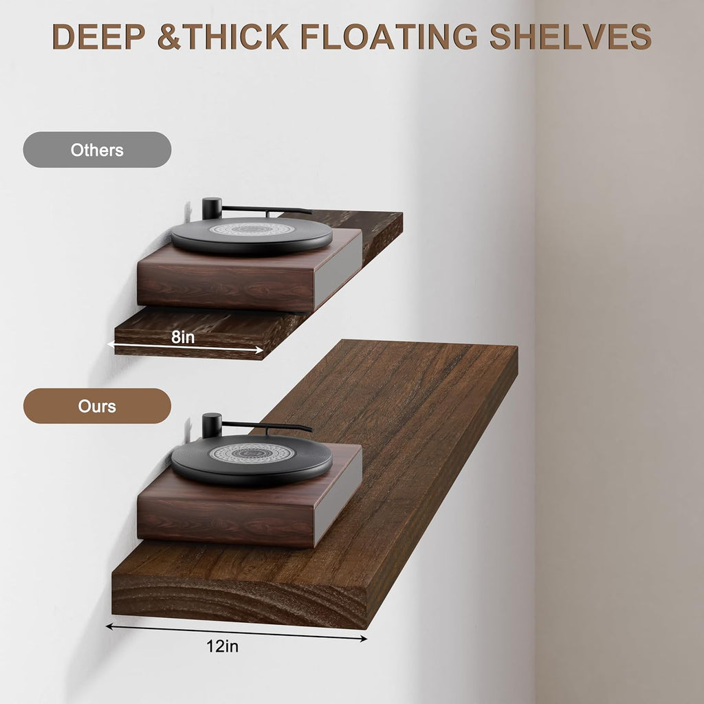 60 Inch Extra Long Floating Shelves, Set of 2 Deep Floating Shelves 12in Depth, Floating Shelves Long Heavy Duty Wood Shelves for Wall, Solid Wood Walnut Finish
