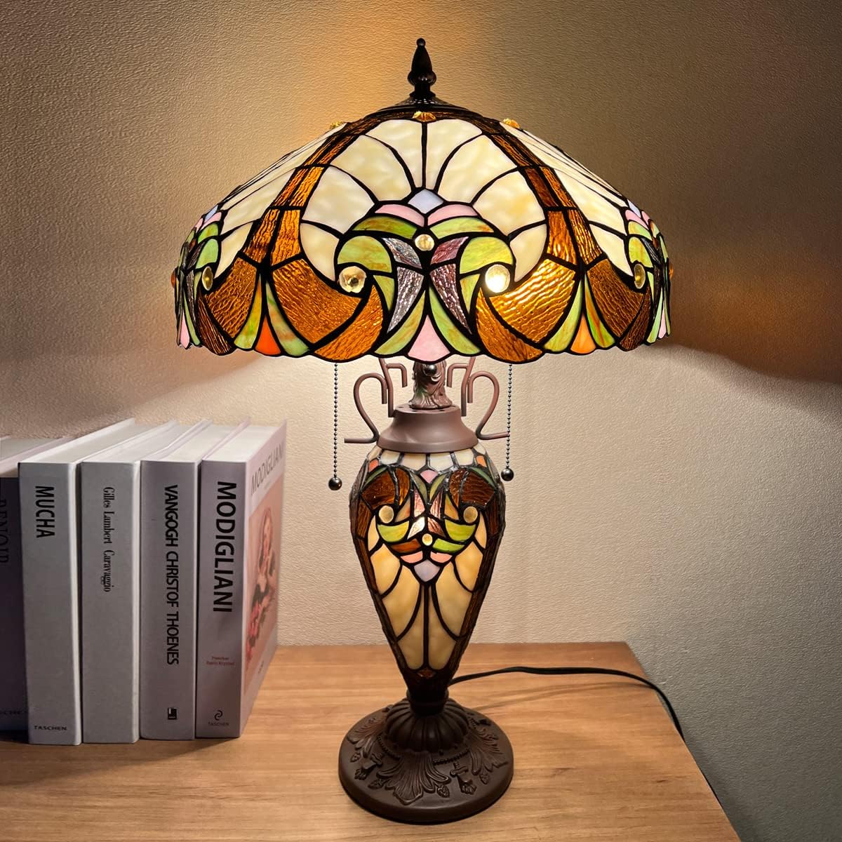 Tiffany Table Lamp Night Light 16' Wide Handmade Stained Glass Lamp Shade 3 Light Amber Cream Victorian Style Vintage Table Lamp for Home and Office
