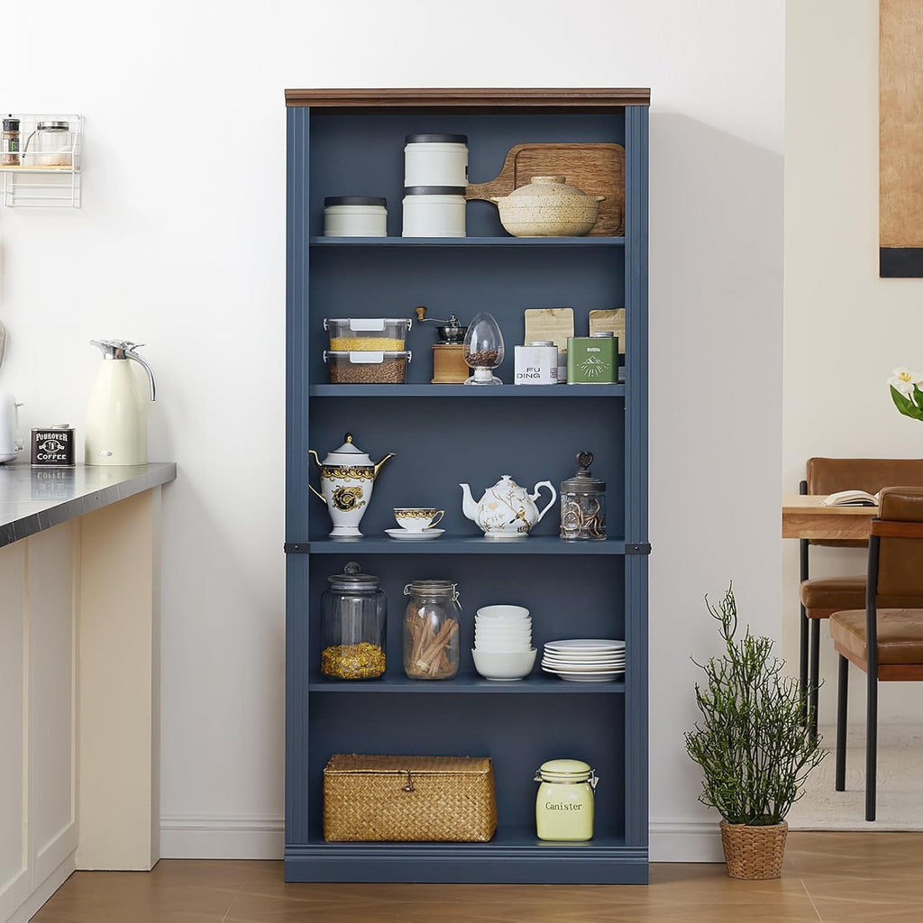 RWYHG 70' Blue Tall Bookshelf,5-Tier Thick Wooden Book Shelf with Adjustable Shelves,Free Standing Farmhouse Bookcase with Open Display Storage,Floor Vintage Bookshelves for Living Room,Office