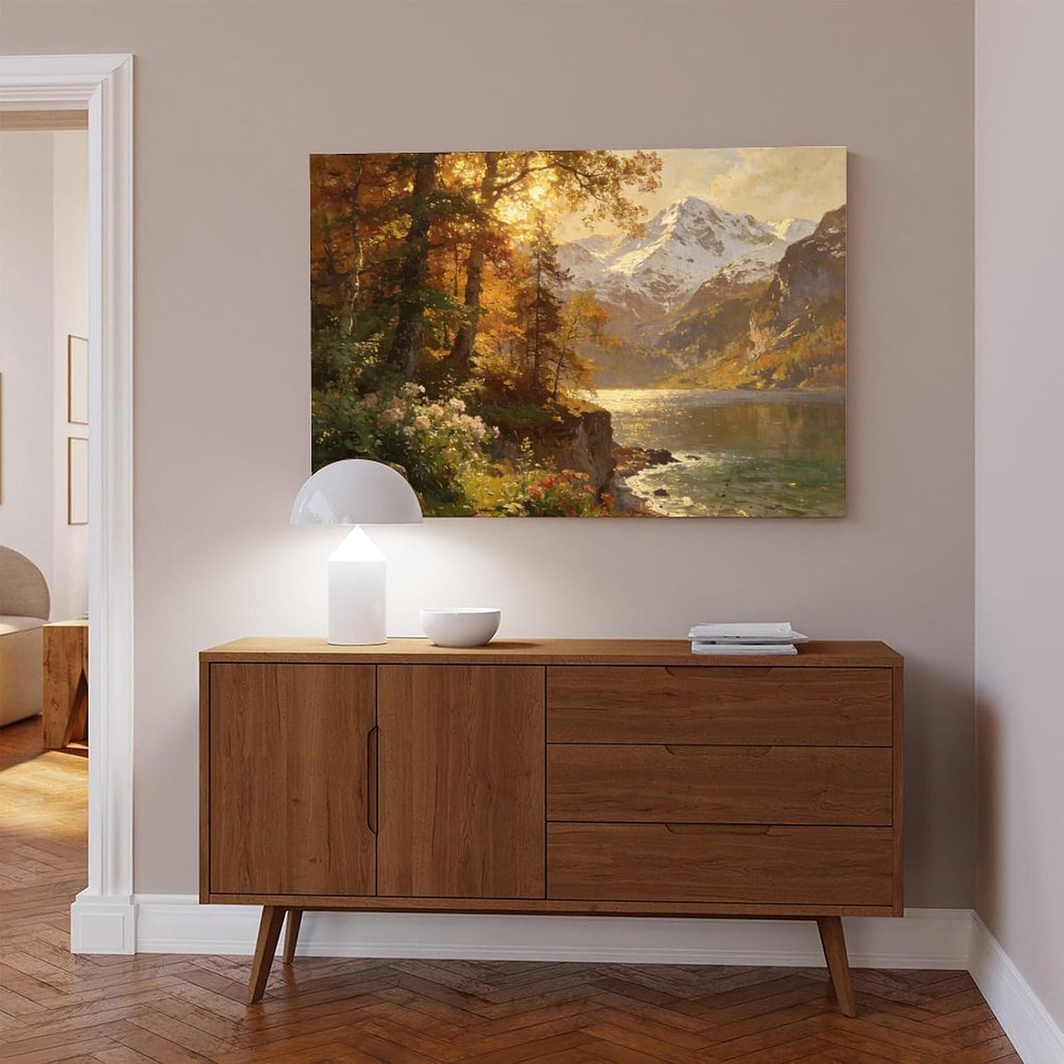 Autumn Mountain Lake Wall Art Print, Golden Forest And Snowy Peaks Landscape Painting, Scenic Nature Poster for Living Room Bedroom Decor 24x36inch(60x90cm)