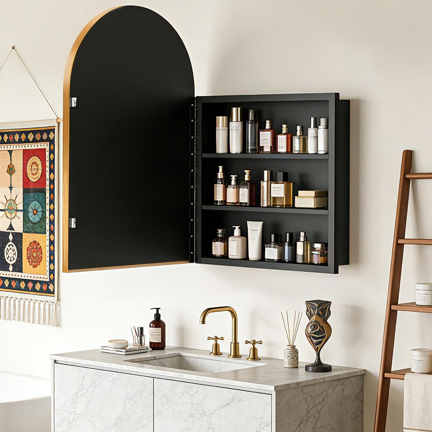 SogesPower 36'x24' Metal Medicine Cabinet with Mirror for Bathroom,Arched Recessed Medicine Cabinet with 2 Shelves, Wall-Mounted Bathroom Mirror with Storage,Gold