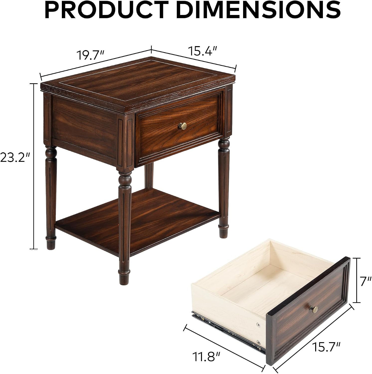 Chogori Solid Wood End Table with Drawer, 2PCS Sofa Side Table with Storage Shelves, Real Wood Beside Table Accent Table Nightstand for Small Spaces, Living Room, Easy Assembly (Walnut)