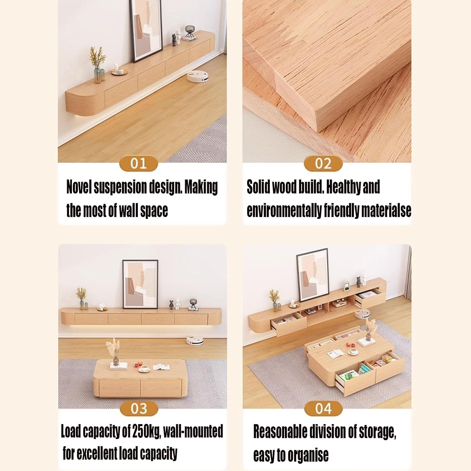 Floating TV Stand Large Floating TV Shelves Wall Mounted Multi Storage Compartment TV Media Console Floating TV Cabinet Bench Under TV Storage TV Lowboard (Wood Colour, 63.0 * 7.9 * 9.4 in)