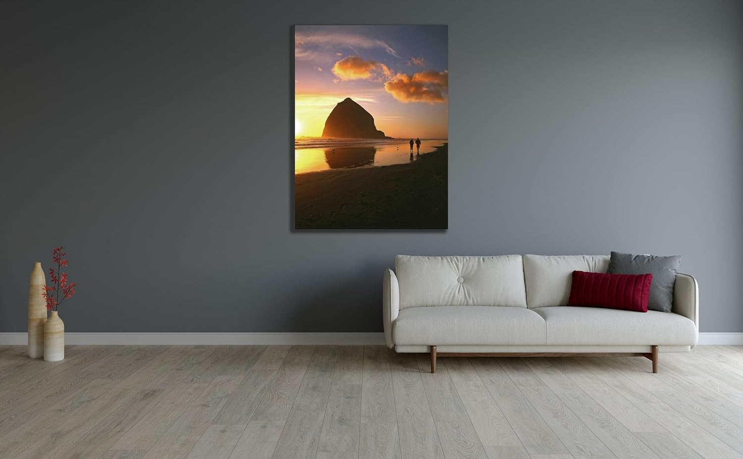 ArtDirect OR, Cannon Beach Couple by Haystack Rock, sunset 36x48 Huge Black Modern Wood Framed Canvas Giclee Art by Terrill, Steve