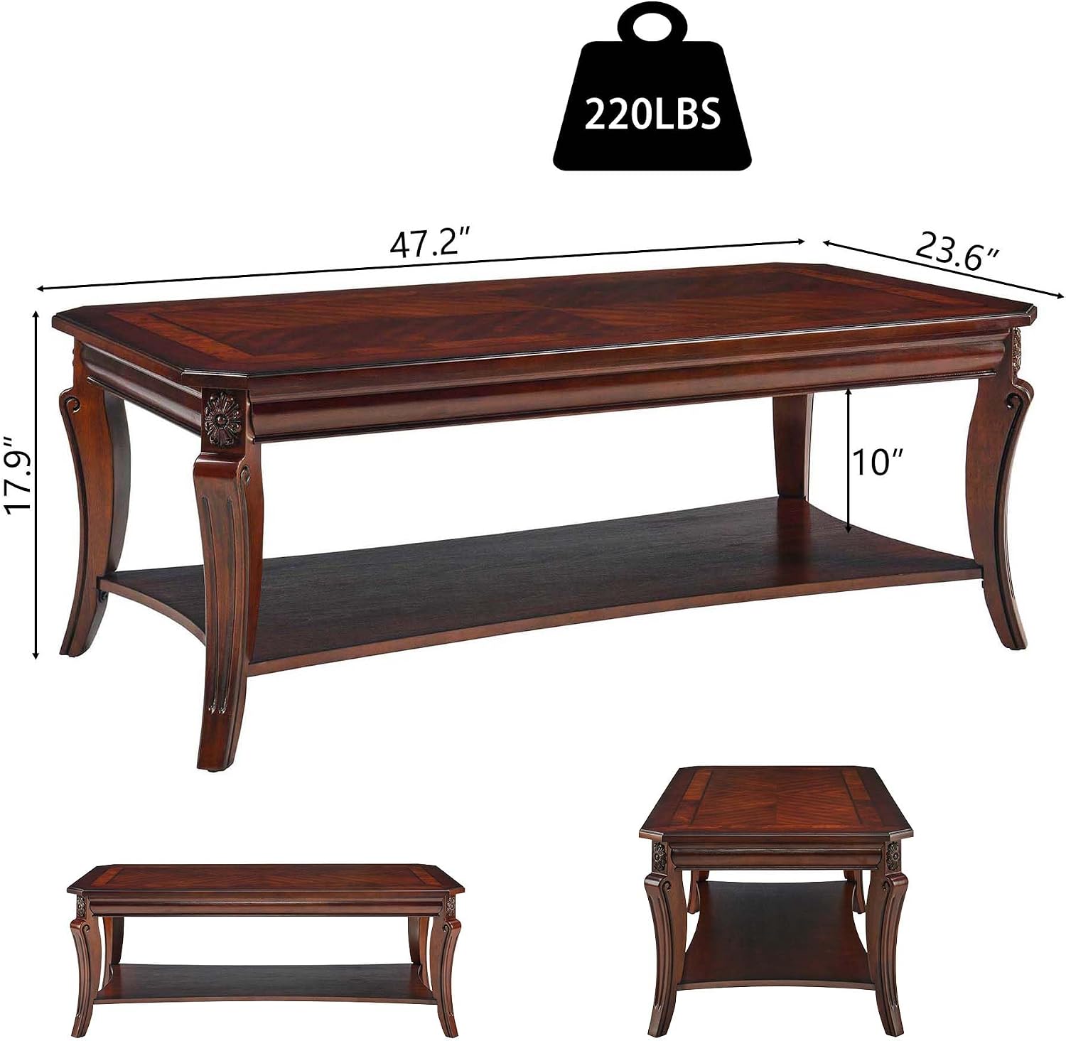 Traditional Living Room Tables Set of 3- One Coffee Table and Two End Table with Carved Tabletop and Leg, Farmhouse Cocktail Table with Storage Shelf, Cherry Brown KFZ- CJZ-A1168-WD
