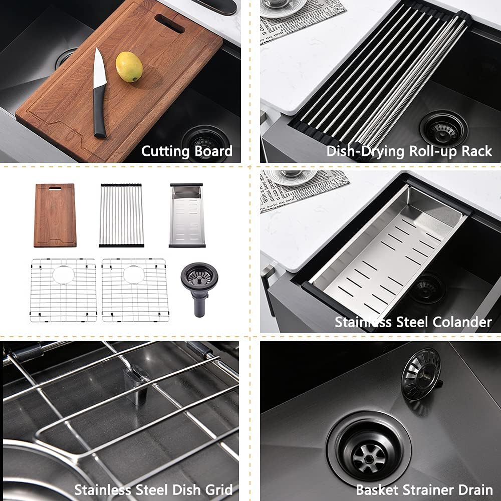 33 Inch Black Double Bowl Farmhouse Sink Workstation-Bokaiya 33x22 Farm Sink Black Stainless Steel 50/50 Double Bowl Apron Front 16 Gauge Low Divided Deep Farm House Style Sink