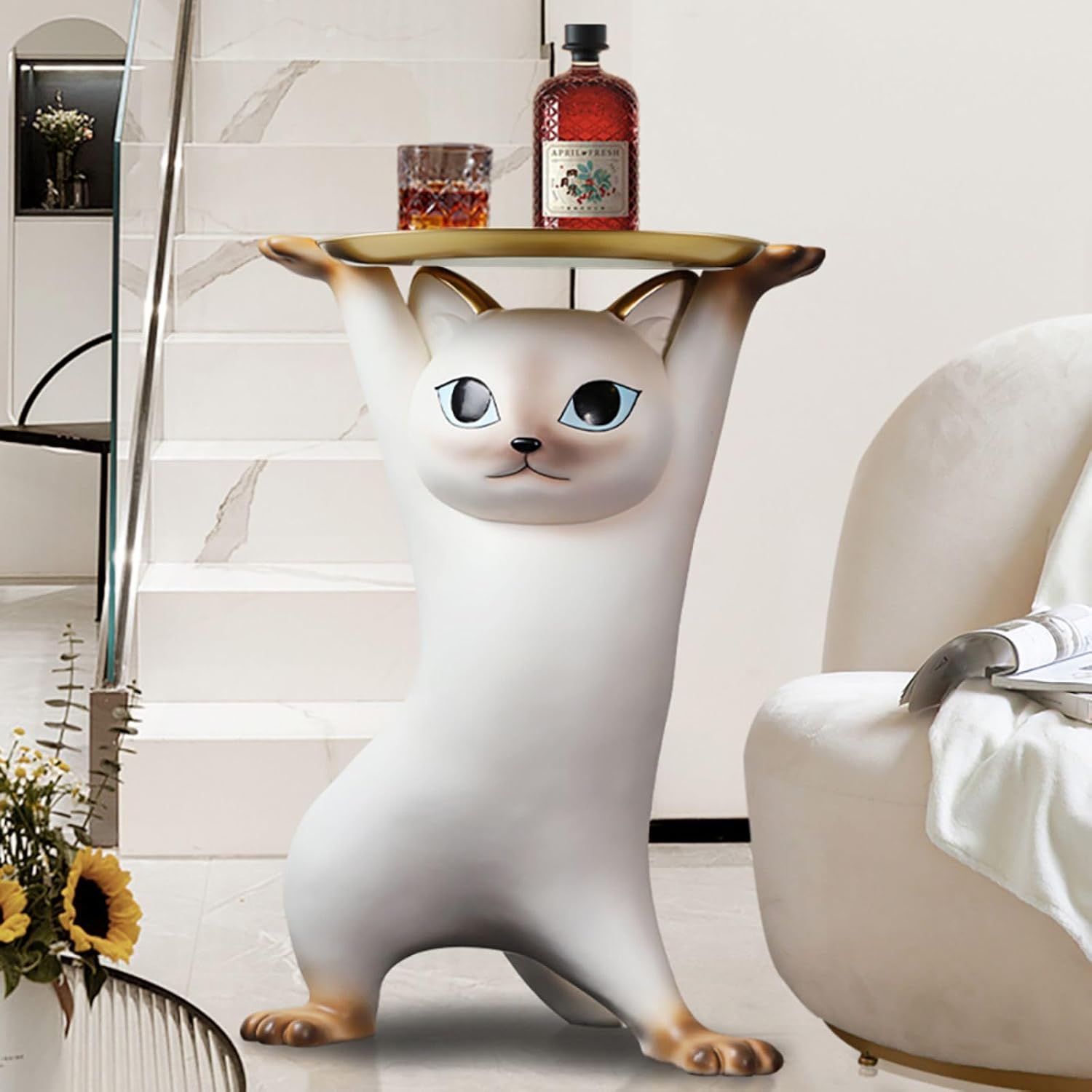 homary Whimsical Cat Statue, Animal Side Table with Gold Tray, Resin Figurine Accent Table for Living Room, Bedroom, or Entryway