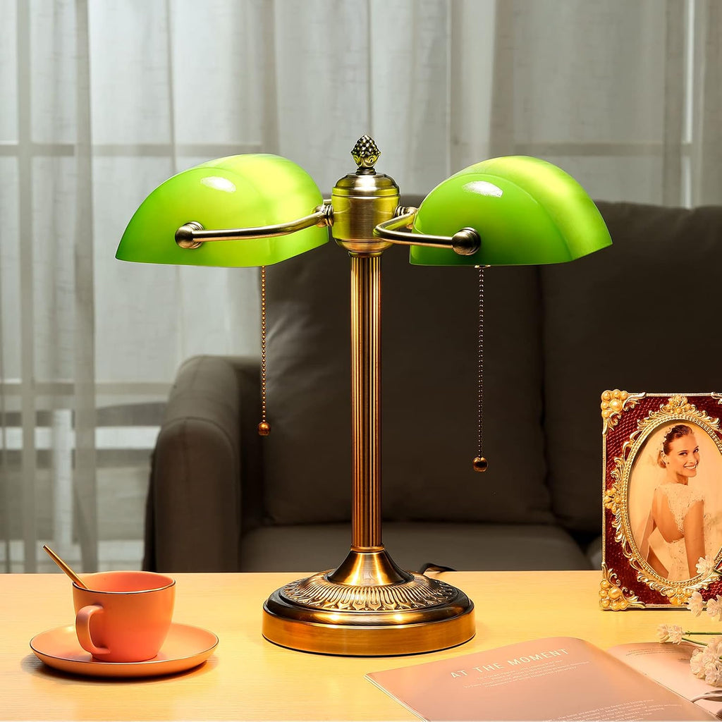 Green Double Head Glass Bankers Desk Lamp with Pull Chain Switch Plug in Fixture for Library, Office, Cafe