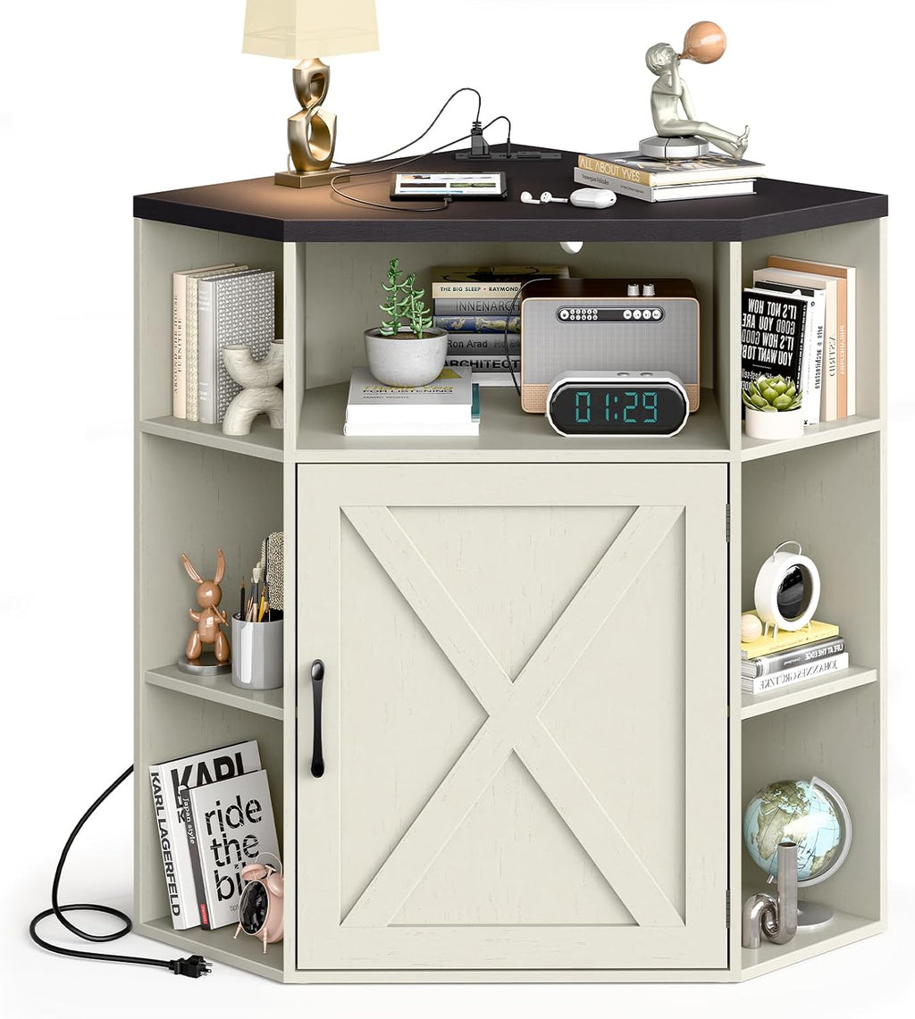 Halitaa Corner Storage Cabinet, Farmhouse Corner Bookshelf with Storage 6-Cubby Wooden Cabinet with USB Ports and Outlets Industrial Organizer for Small Space, Study, Playroom, Rustic White and Black