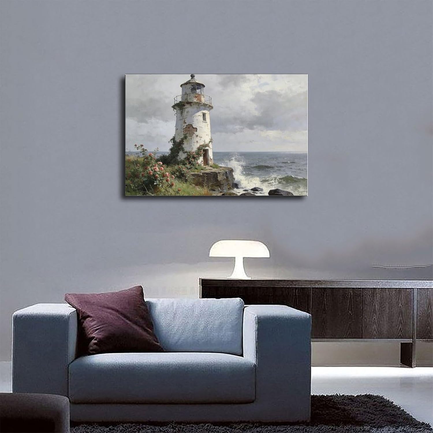 Frame Coastal Lighthouse Wall Art Poster Print, Vintage Rose Garden Seascape Painting, Nautical Ocean Waves Landscape Artwork Rustic Decor 24x36inch(60x90cm)