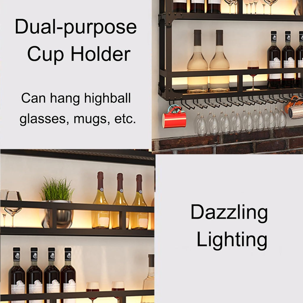 Wall Mounted Wine Rack with LED Light and Glass Rack, Black, Modern Style, 8 Bottle Capacity