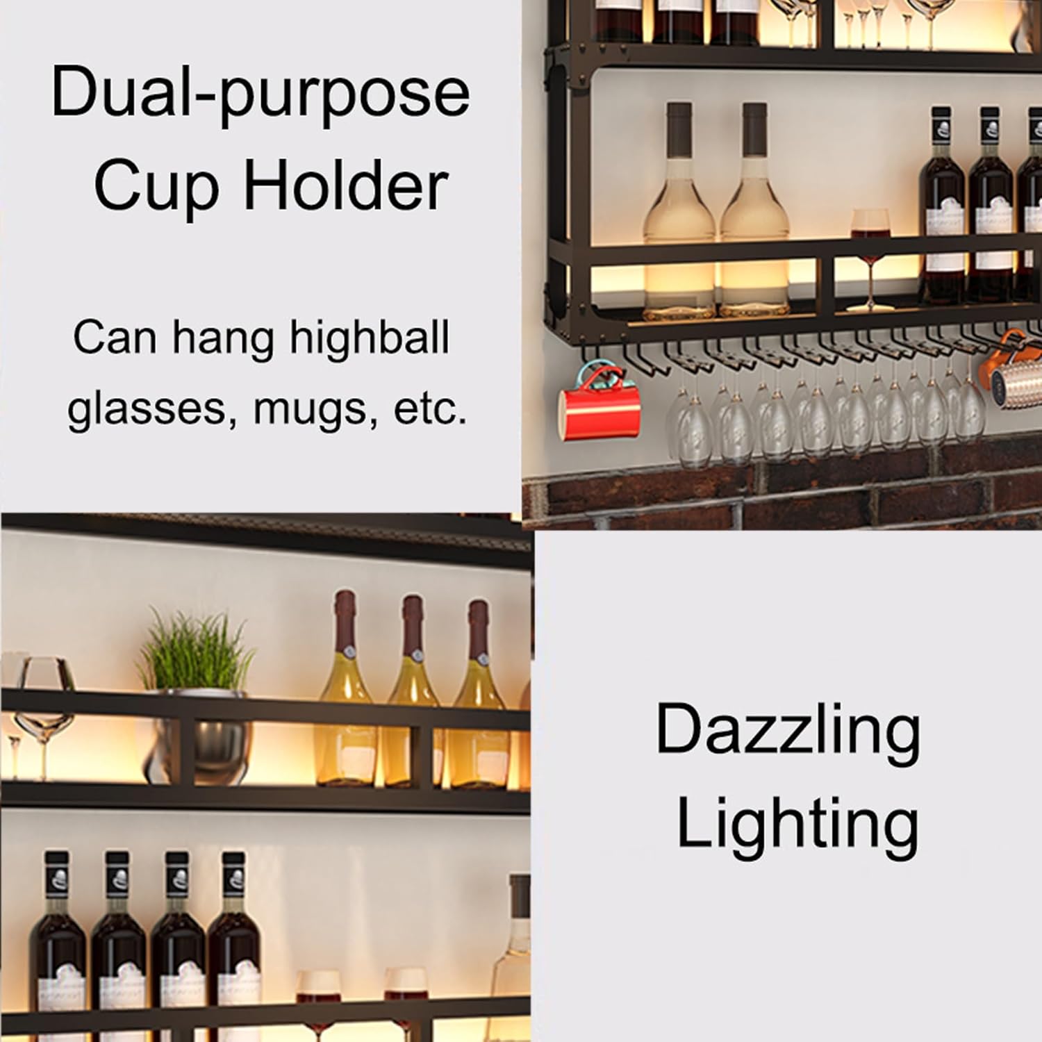 Wall Mounted Wine Rack with LED Light and Glass Rack, Black, Modern Style, 8 Bottle Capacity