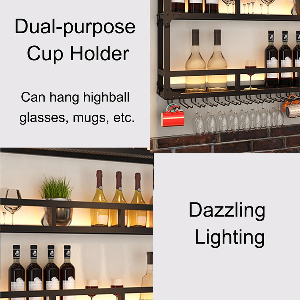 Wall Wine Rack Floating Bar Shelves Wall Mounted with LED Light Liquor Bottle Display Shelf with Hanging Wine Glass Rack Kitchen Wall Shelf Liquor Cabinet Bar Stand for Home Bar Cafe Restaurant(Black,