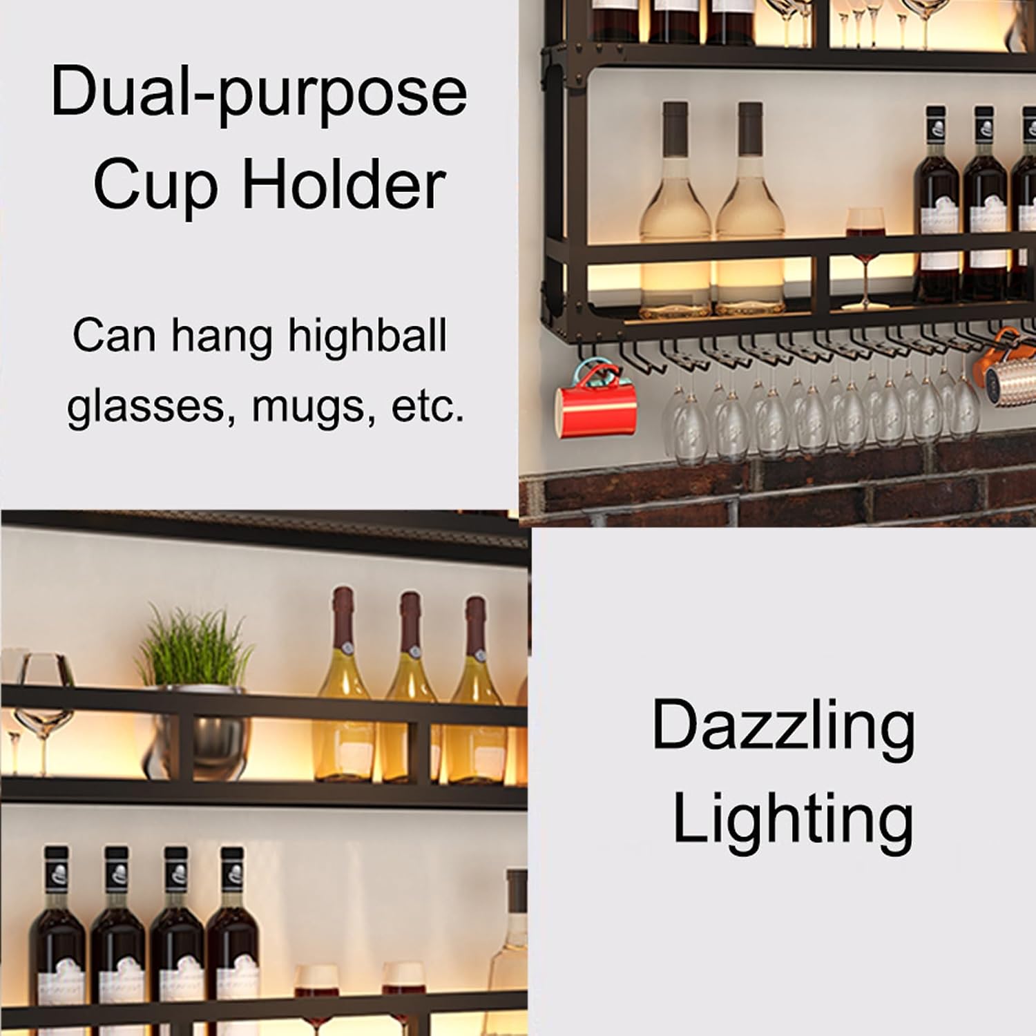 Wall Wine Rack Floating Bar Shelves Wall Mounted with LED Light Liquor Bottle Display Shelf with Hanging Wine Glass Rack Kitchen Wall Shelf Liquor Cabinet Bar Stand for Home Bar Cafe Restaurant(Black,