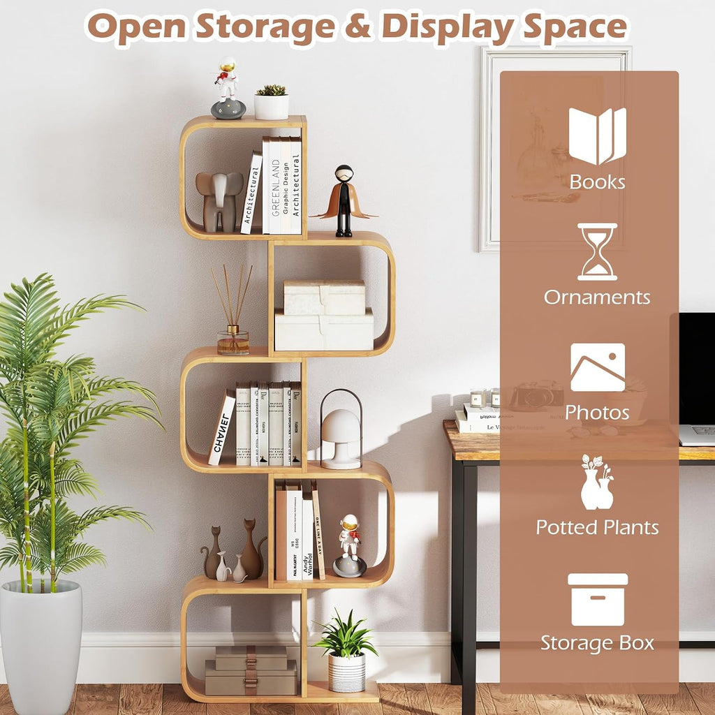 Giantex 5-Tier S-Shaped Bookcase, Bamboo Bookshelf with Open Cubes, Geometric Corner Display Shelf, Decorative Storage Organizer, Floor Storage Rack for Living Room, Home Office, Natural
